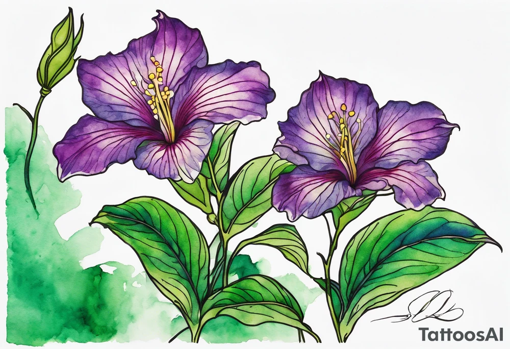 An outline of a green rio dipladenia flower and a green/purple watercolor streak in the background tattoo idea