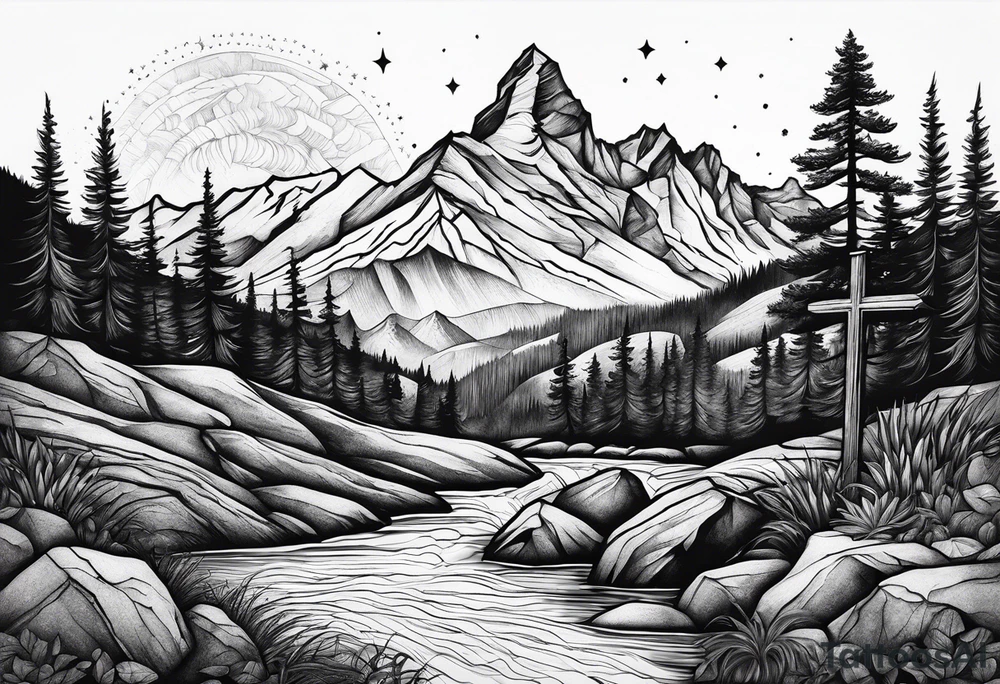 mountains, nature, stars, cross, waterfall, water tattoo idea