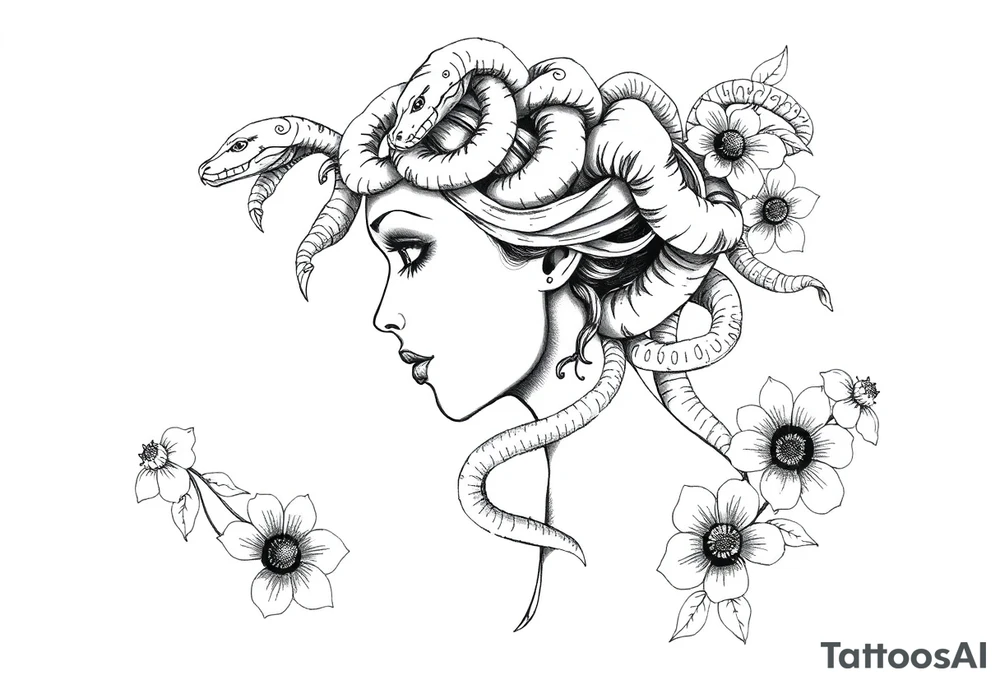 Side portrait of Medusa with snake heads, flowers tattoo idea