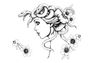 Side portrait of Medusa with snake heads, flowers tattoo idea