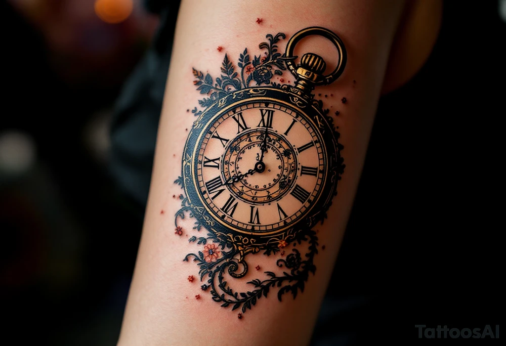 Ornate pocket watch tattoo showing 13:37 and "Veronika – 2.9.2016" in warm sepia tones. tattoo idea
