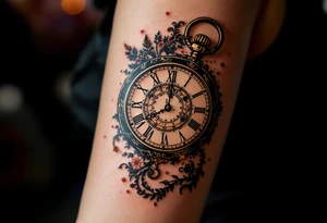 Ornate pocket watch tattoo showing 13:37 and "Veronika – 2.9.2016" in warm sepia tones. tattoo idea
