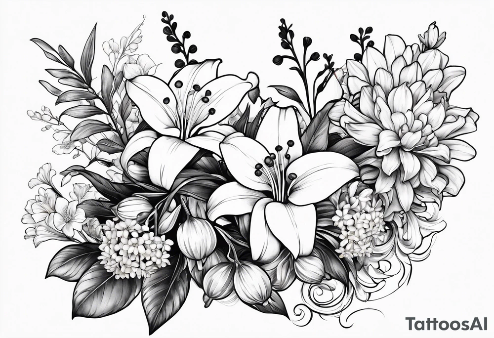 4 flowers, Lily of the valley, marigold, chrysanthemum, and a Lily combined together with small leaves and vines tattoo idea