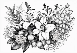 4 flowers, Lily of the valley, marigold, chrysanthemum, and a Lily combined together with small leaves and vines tattoo idea