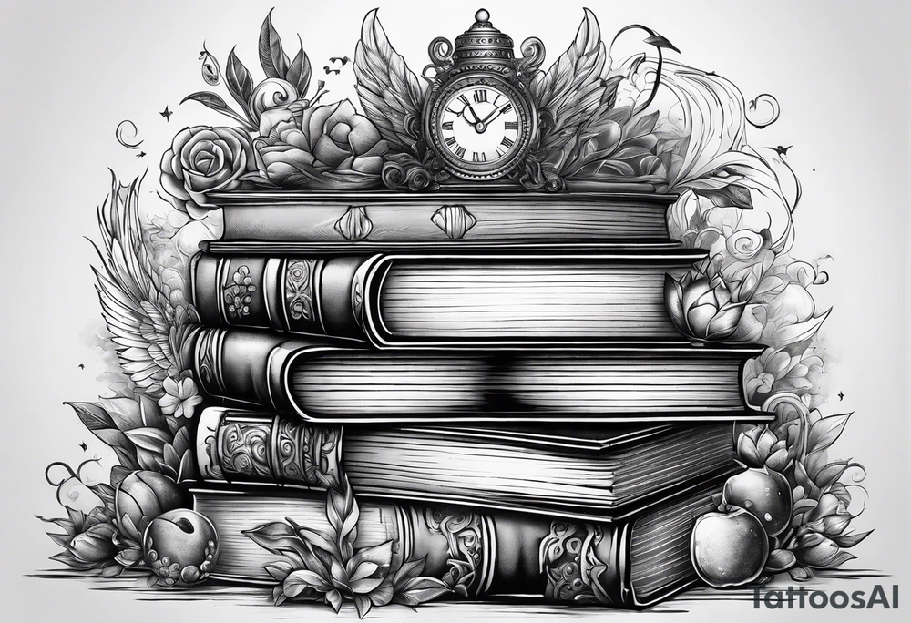Stack of books surrounded by fantasy literary elements tattoo idea