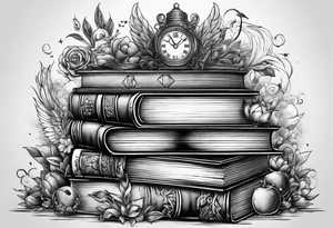 Stack of books surrounded by fantasy literary elements tattoo idea