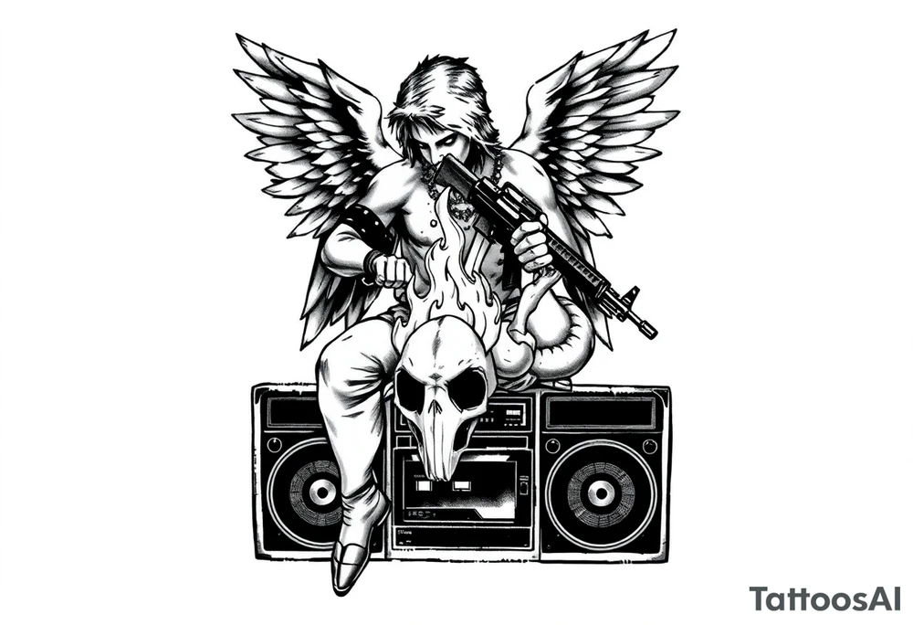 gangster angel sitting on a stereo, holding an AK47, watching a huge flame burning a skull of a rabbit and chicken. tattoo idea