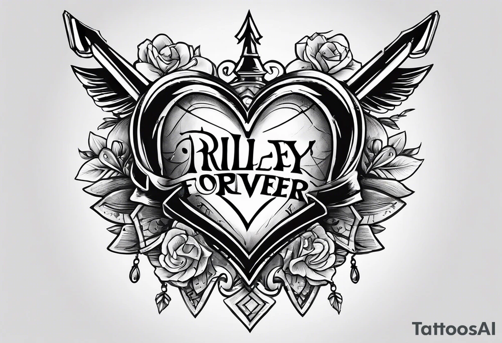 heart with arrow with ribbon that says "Riley and Mel forever" tattoo idea