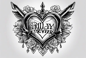 heart with arrow with ribbon that says "Riley and Mel forever" tattoo idea