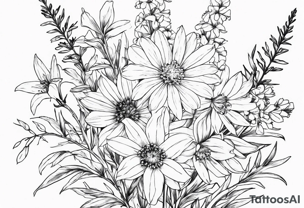 Aster and  delphinium tall bouquet tattoo idea