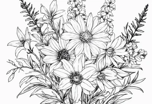 Aster and  delphinium tall bouquet tattoo idea