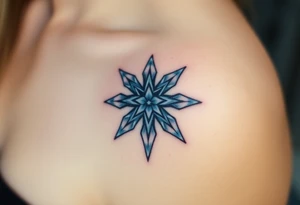 An icy pentagram five pointed star with sharp crystal edges, surrounded by a cold mist and floating frost particles. tattoo idea