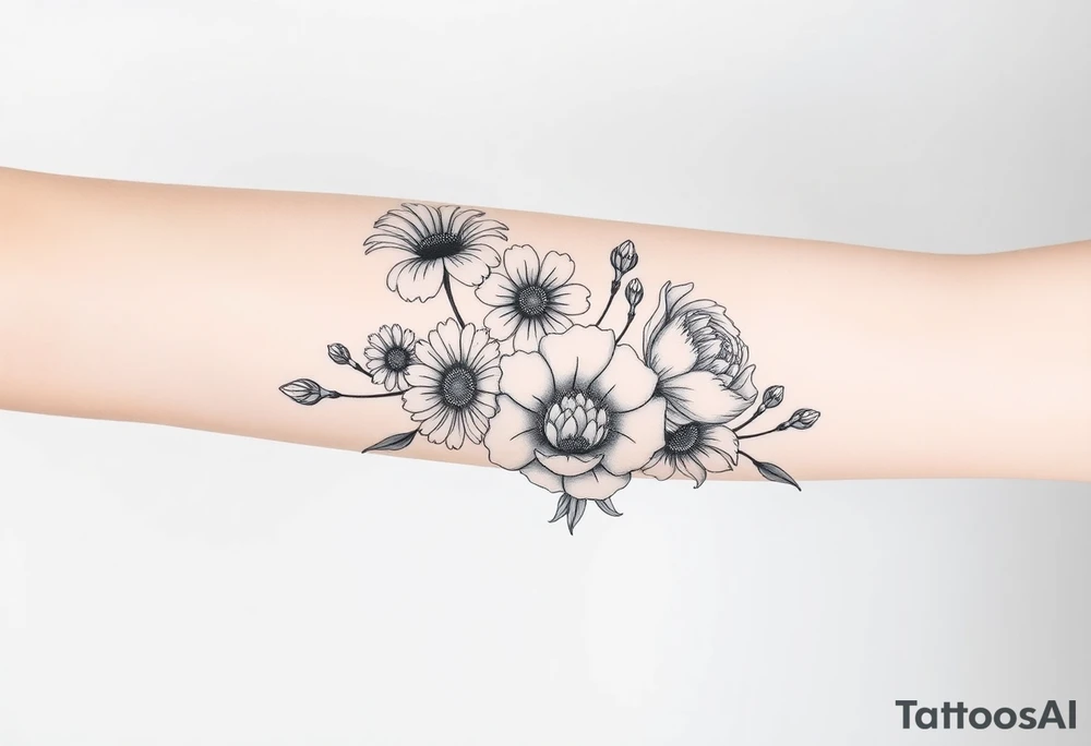 flower arrangment for arm, include two carnations, one violet, two daisies, one cosmos, and one peony tattoo idea