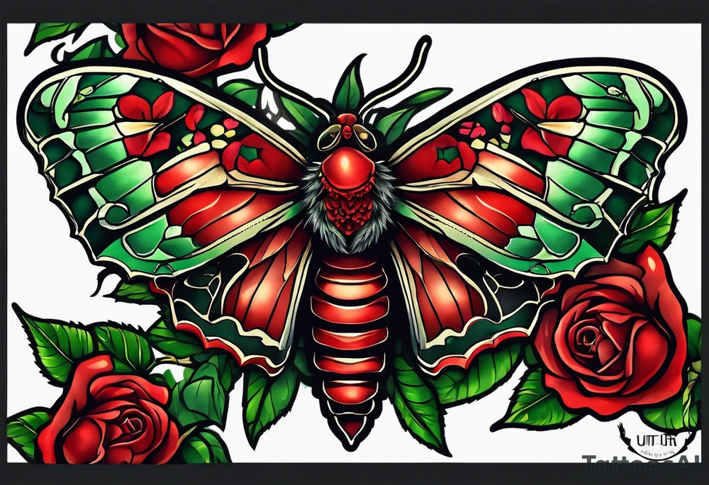 Red deaths head moth with green thorns and roses around it tattoo idea