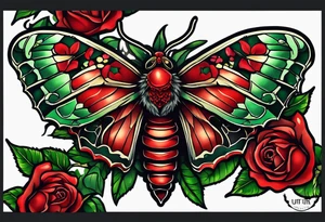 Red deaths head moth with green thorns and roses around it tattoo idea