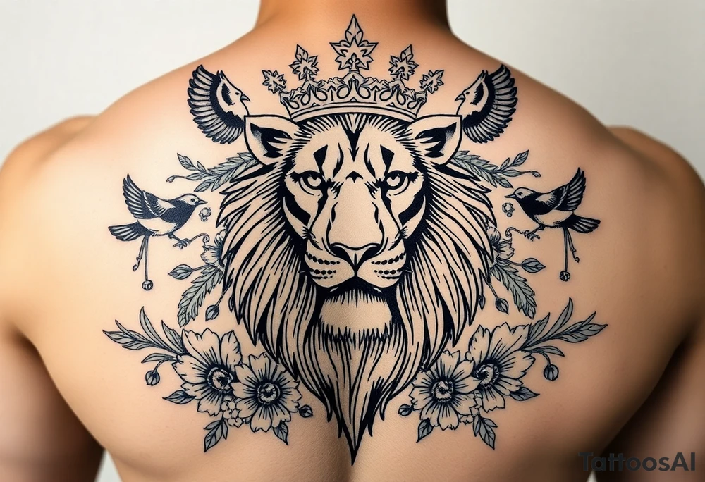powerful majestic lion with a crown, surrounded by floral ornaments and birds tattoo idea