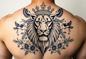 powerful majestic lion with a crown, surrounded by floral ornaments and birds tattoo idea