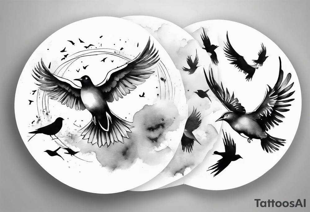 shoulder tattoo with light rays with birds flying free among the clouds, round shape, 3d effect tattoo idea shoulder tattoo with light rays with birds flying free among the clouds, round shape, 3d effect tattoo idea