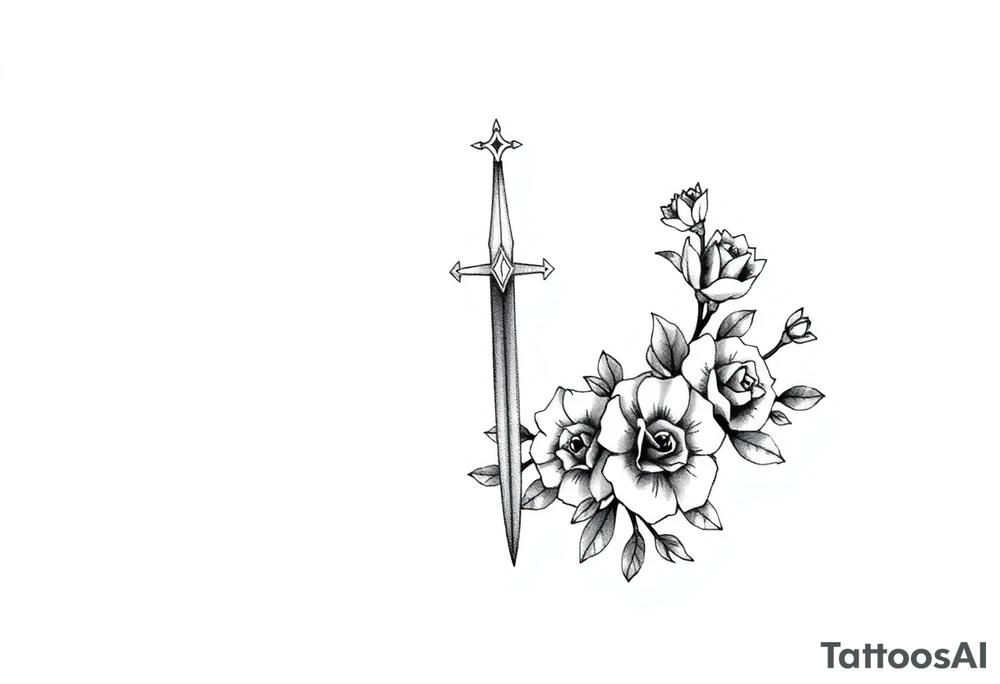 Tatuagem com traços finos inspirada nos livros da autora Sarah J Maas: trono de vidro e corte de espinhos e rosas que represente a espada de Aelin e com flores ao redor tattoo idea