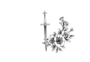 Tatuagem com traços finos inspirada nos livros da autora Sarah J Maas: trono de vidro e corte de espinhos e rosas que represente a espada de Aelin e com flores ao redor tattoo idea