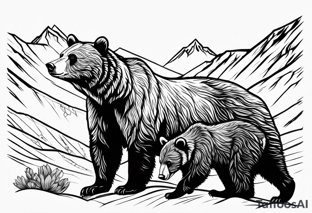 mamma bear and cub with mountains tattoo idea