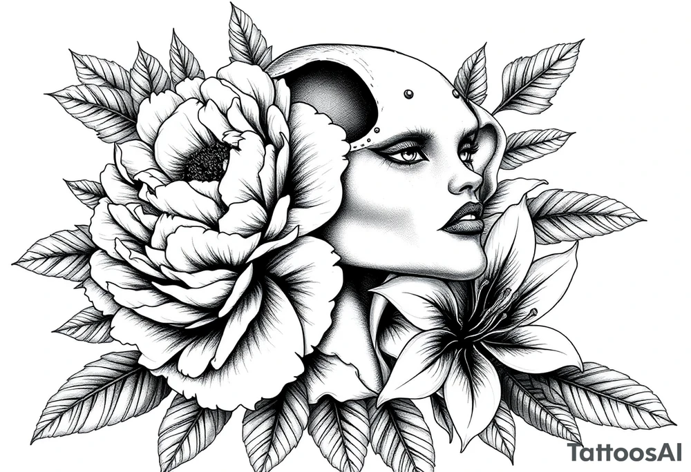 peonies and lilies with medusa head tattoo idea