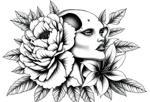 peonies and lilies with medusa head tattoo idea
