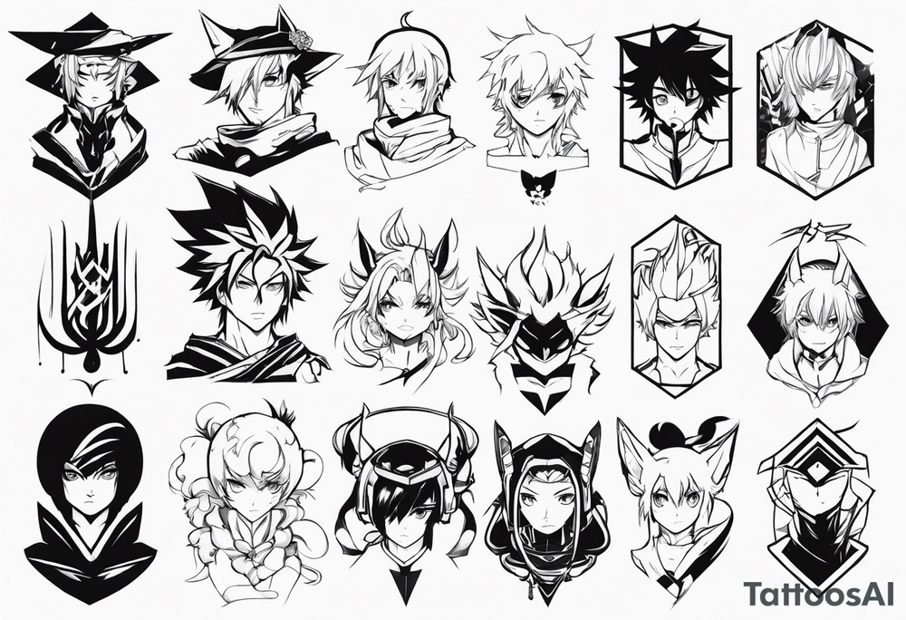 A bunch of anime related pieces from a sleeve tattoo idea
