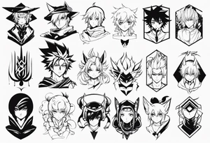 A bunch of anime related pieces from a sleeve tattoo idea