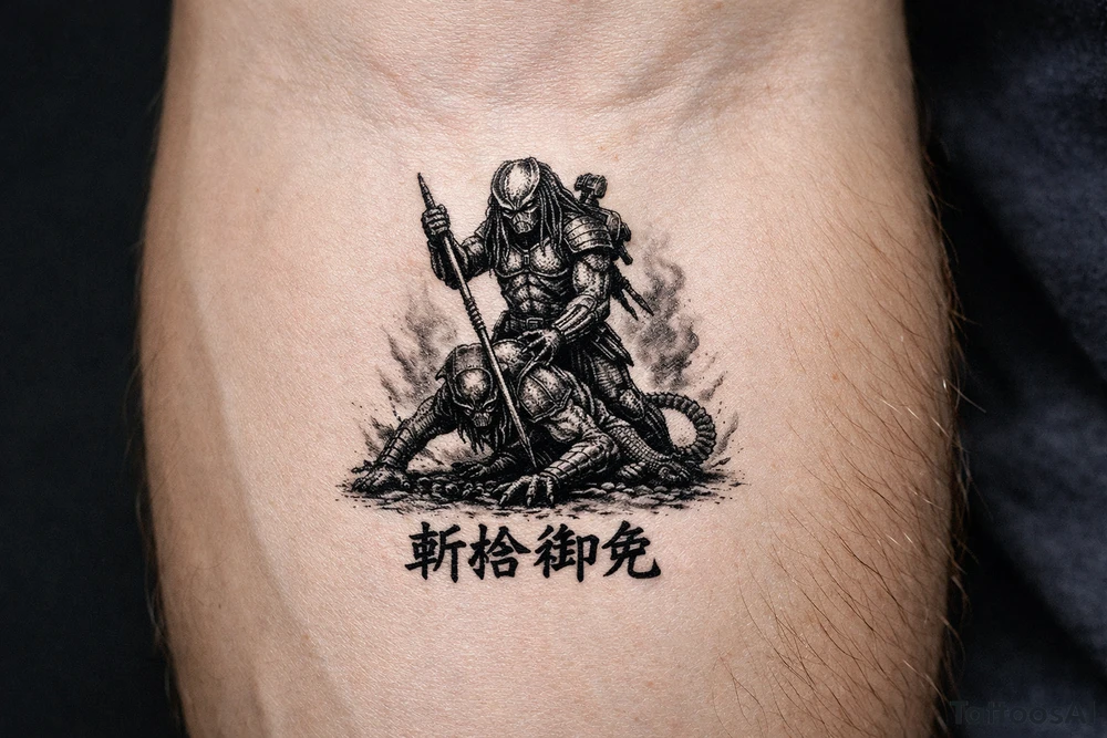 predator killing alien, alien is crawling from the ground. Predator stands up tall, driving his spear with his right hand. The predator's left shoulder has its laser gun pointed down. the Left forerarm has its famous doubled blade out. Below the image the japanese inscription for kirisute gomen tattoo idea
