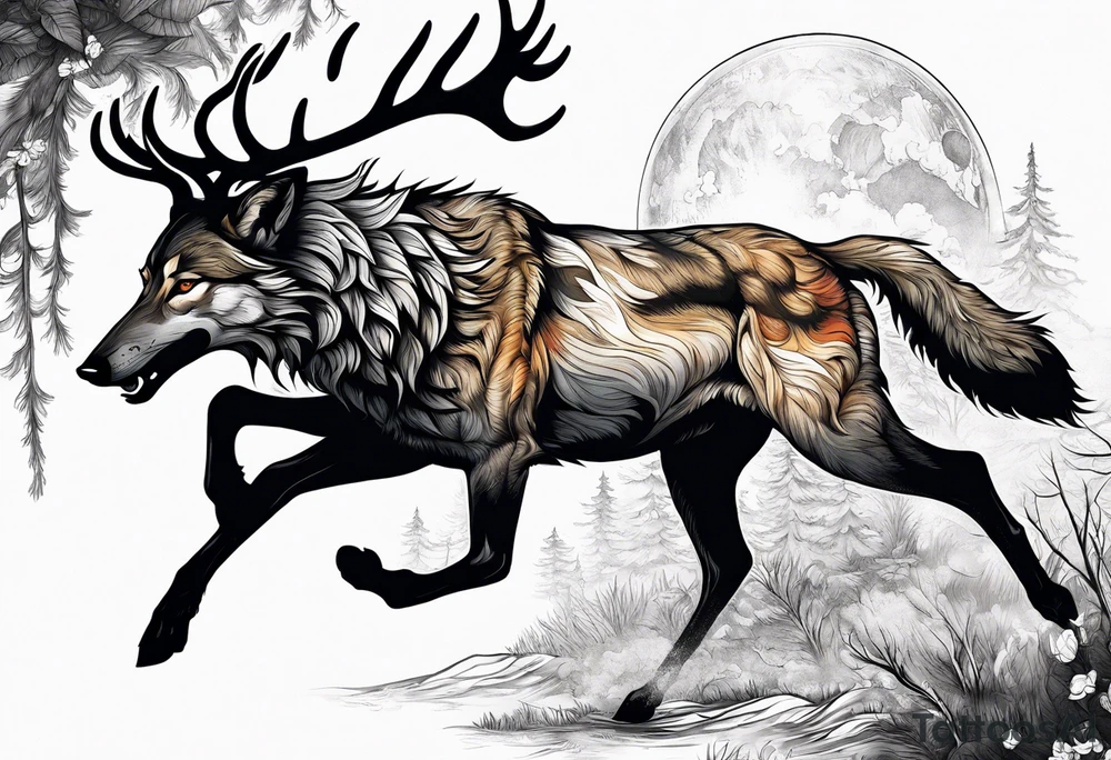 stag running with wolf tattoo idea