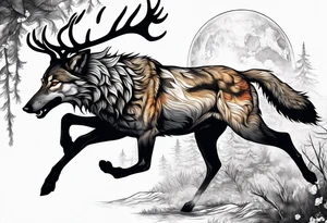 stag running with wolf tattoo idea