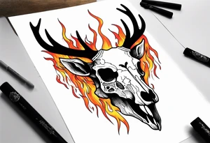 side profile of a DECAYING deer skull JUST BONE supernatural cannibal surrounded by a flames and trees tattoo idea