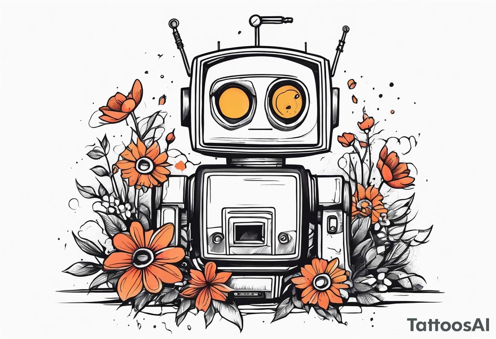 Abandoned Robot, television head, surrounded by flowers, forearm or wrist tattoo tattoo idea