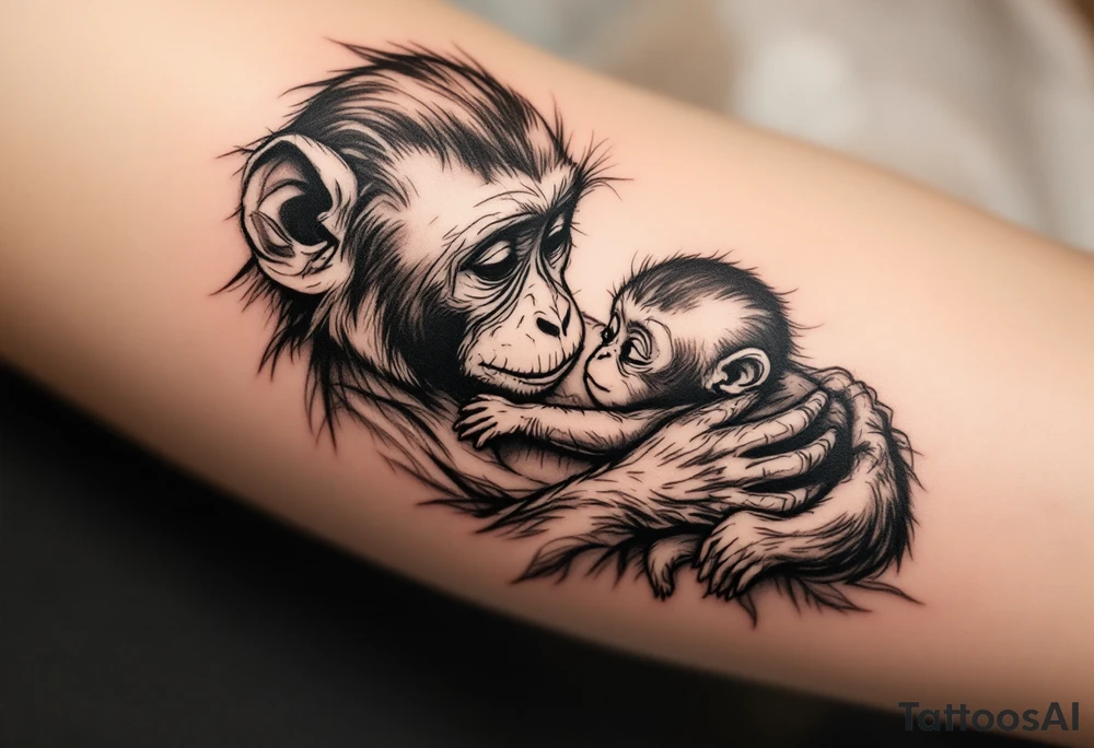 A monkey cradling her baby in her lap in warm earth tones reflects playfulness and a strong emotional bond. tattoo idea