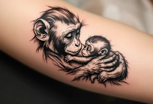 A monkey cradling her baby in her lap in warm earth tones reflects playfulness and a strong emotional bond. tattoo idea