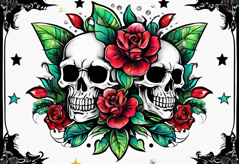 neck tattoo stencil about pain and struggle in new school or polka trash style with funny happy skulls tattoo idea