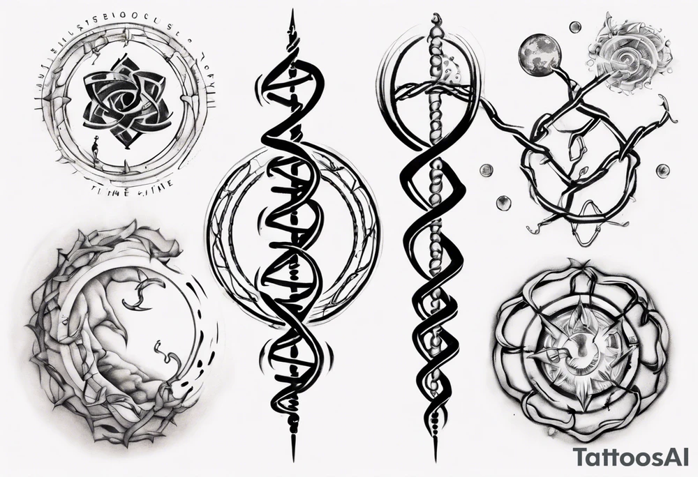 Create a tattoo sketch that visually represents my life journey and the evolution of mindfulness. Consider life as a DNA chain, where each link symbolizes key moments of my development and consciousness. Allow the images to change and transform, reflecting the evolution of my perception and self-understanding over time tattoo idea