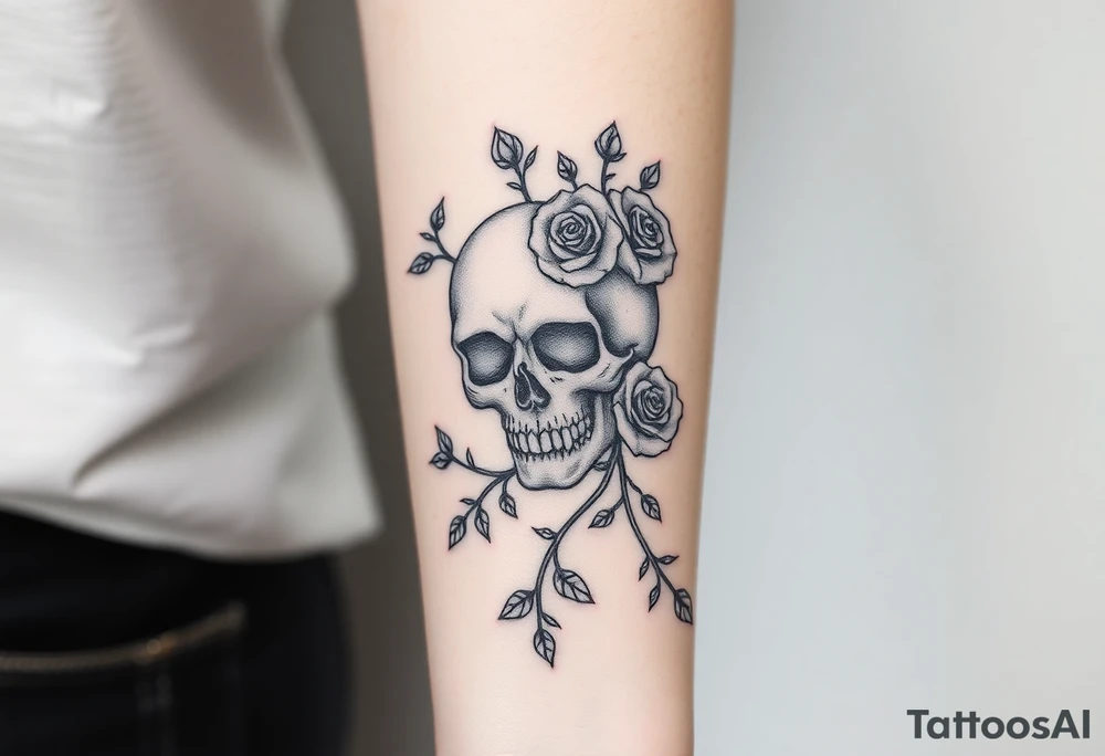 gothic skull intertwined with climbing roses and thorny vines tattoo idea