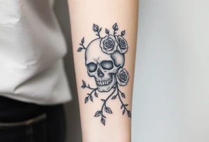 gothic skull intertwined with climbing roses and thorny vines tattoo idea