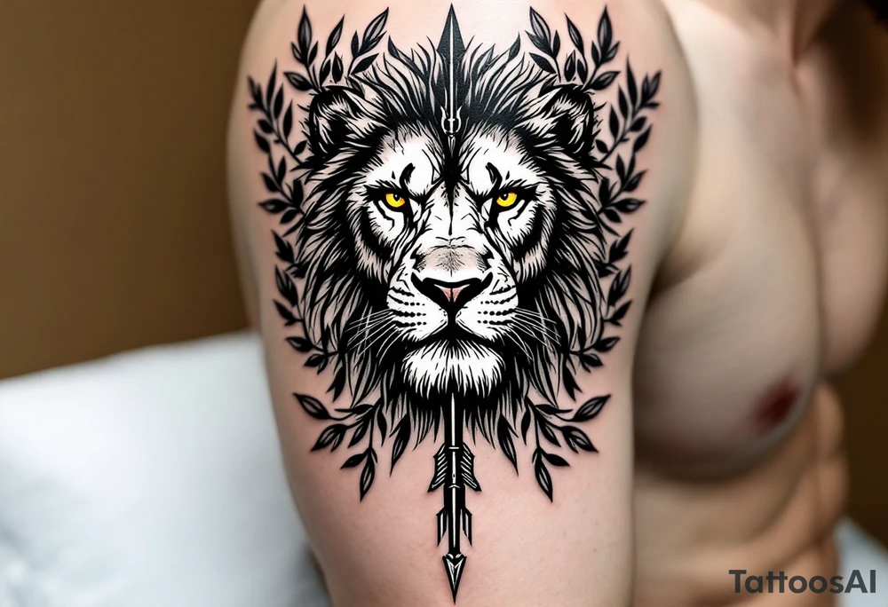 a spiritual lion with yellow eyes that come down a long arrow and surrounded by a olive tree leaf around tattoo idea