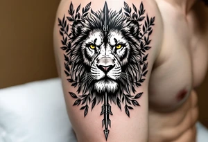 a spiritual lion with yellow eyes that come down a long arrow and surrounded by a olive tree leaf around tattoo idea