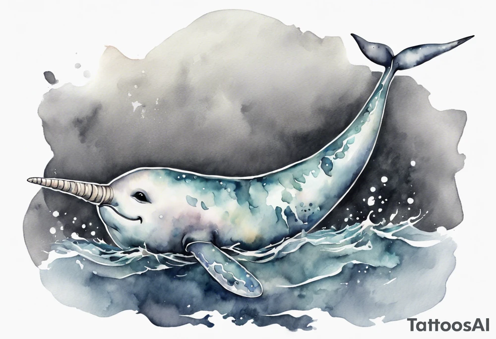 a melancholy watercolor painting of a realistic narwhal in a grey sea tattoo idea