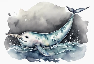 a melancholy watercolor painting of a realistic narwhal in a grey sea tattoo idea