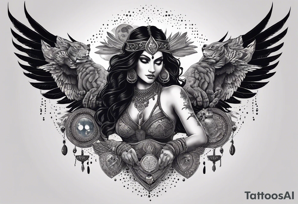 black kali, goddess pirate, alien, angel, pachamama, valkrye, warrior, flying, skull, lotus azul, wing, eagle, zenza resonance, stars, 5D, anahata chakra, death, durga, riding on a tiger, flying lady, kundalini, chest tatoo, samuri, rebel,serpent tattoo idea