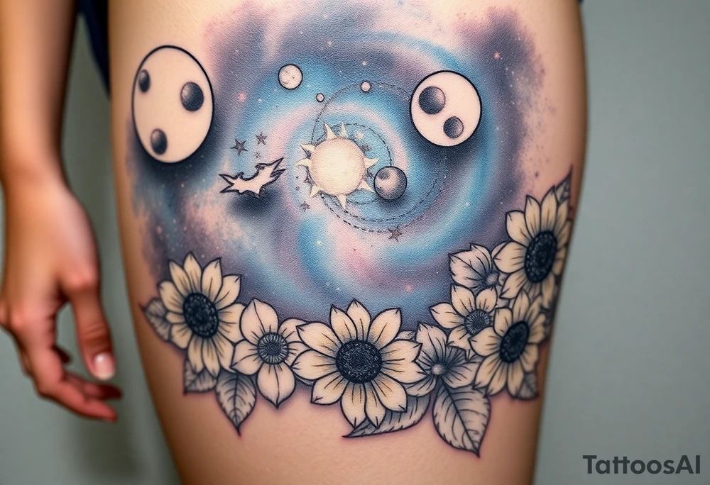 Milky way galaxy with planets with zodiac symbols and protection runes in it with tigerlillies roses and sunflowers tattoo idea