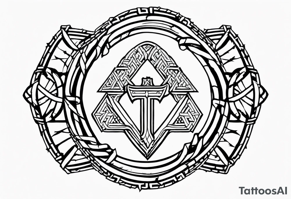 Valhalla round shield axe
Valknut barbed wire chains tattoo idea Valhalla round shield axe
Valknut barbed wire chains tattoo idea