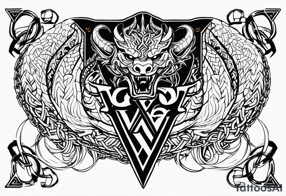 Valhalla sword shield dragon axe Valknut barbed wire chains tribal tattoo idea Valhalla sword shield dragon axe Valknut barbed wire chains tribal tattoo idea