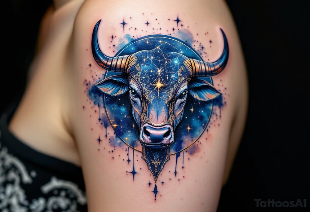 The celestial bull of Taurus sparkles with sapphire taurus star constellation across the obsidian night. tattoo idea