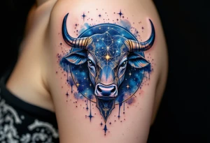 The celestial bull of Taurus sparkles with sapphire taurus star constellation across the obsidian night. tattoo idea